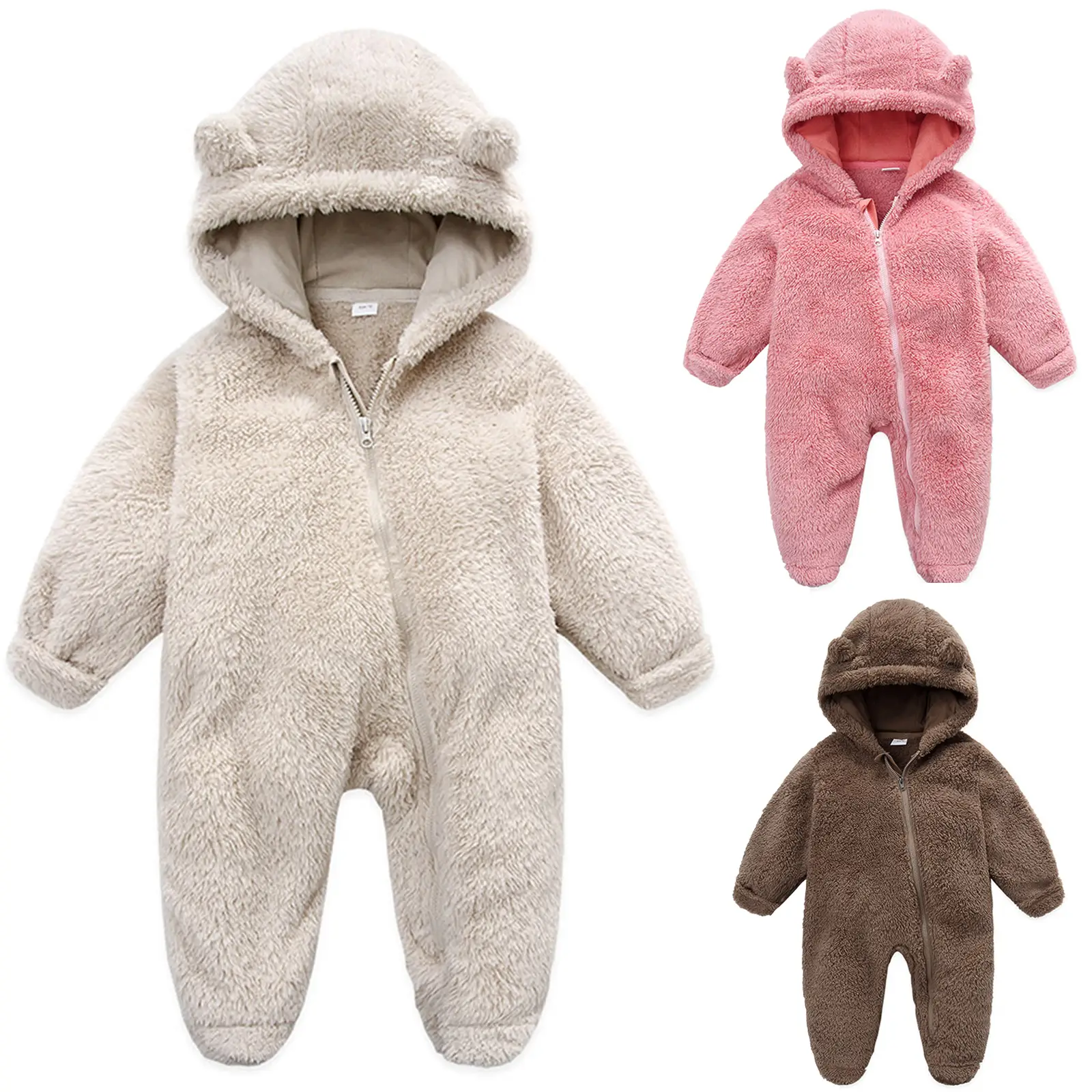 Toddler Baby Romper Infant Baby Boys Girls Long Sleeve Footies Hooded Zipper Closure Bear Ear Snowsuit Winter Fuzzy Jumpsuit