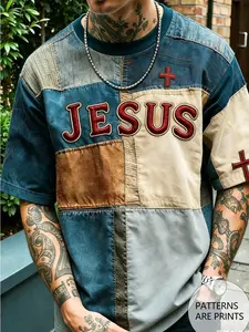 Men's Jesus Letter Patchwork Embroidered T-Shirt, American Vintage Style, Loose Fit, Comfortable Breathable, Summer Fashion