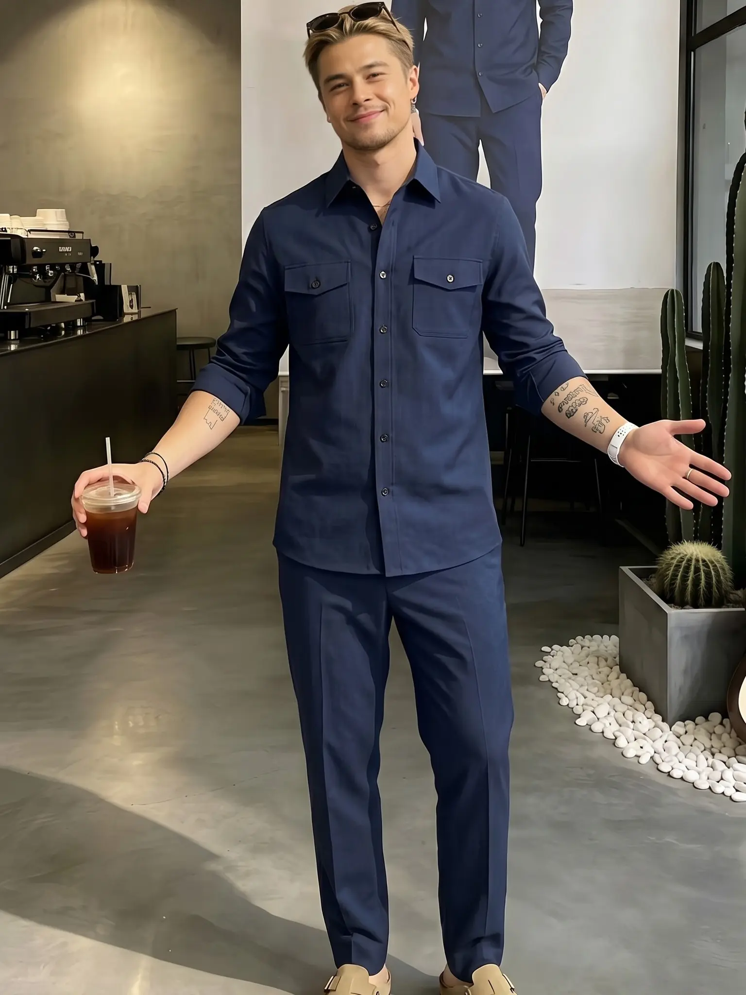 Men’s Navy 2 Piece Outfit Set, Long Sleeve Button Down Shirt & Matching Pants, Double Chest Pocket Casual Smart Style for Men Classic Clothes