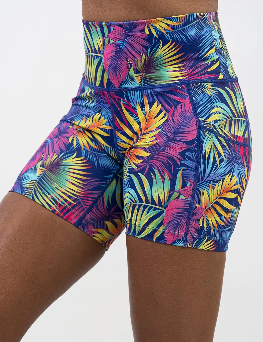 C V G Women's Electric Palms Compression Shorts, High-Waisted Spandex Athletic Wear with Pockets for Running, Swimming & Beach
