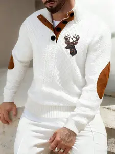 Men's Winter Knit Button Front Stand Collar Sweater, Vintage Texture Plaid Deer Head Print Shirt, Casual Outdoor Wear for Cold Weather Knitwear