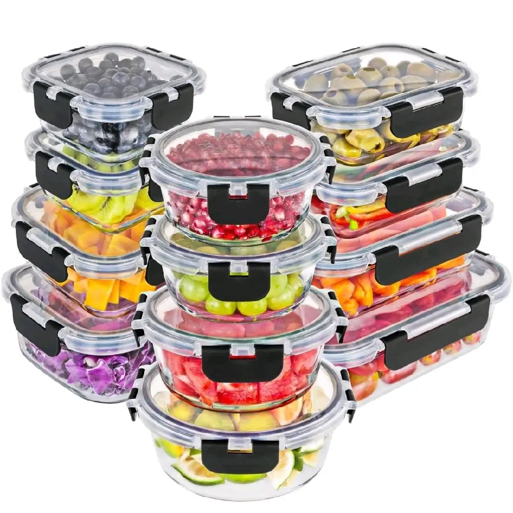 Premium Borosilicate Glass Food Storage Containers Set (24-Piece with 12 Airtight Locking Lids) – Stacking, Resealable, Food-Safe Kitchen Utensils for Lunch, Meal Prep, Oven/Freezer/Dishwasher Safe, BPA-Free, Glass Food Containers, Airtight Food Container