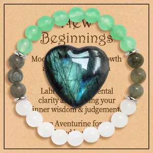 Natural Labradorite Heart Shape Ornaments Crystal Stone Crystal Bracelet for New Beginnings With Wish Card Jewelry Pendant for Men Gift