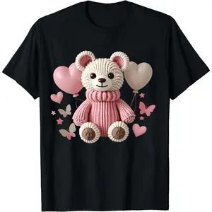 Women's Soft T-Shirt with Adorable Teddy Bear & Balloon Print – Short Sleeve, Casual Round Neck Top, Lightweight & Stretchy for Casual Attire, Casual Daily Wear |   Girly Casual Style |   Comfortable Fit