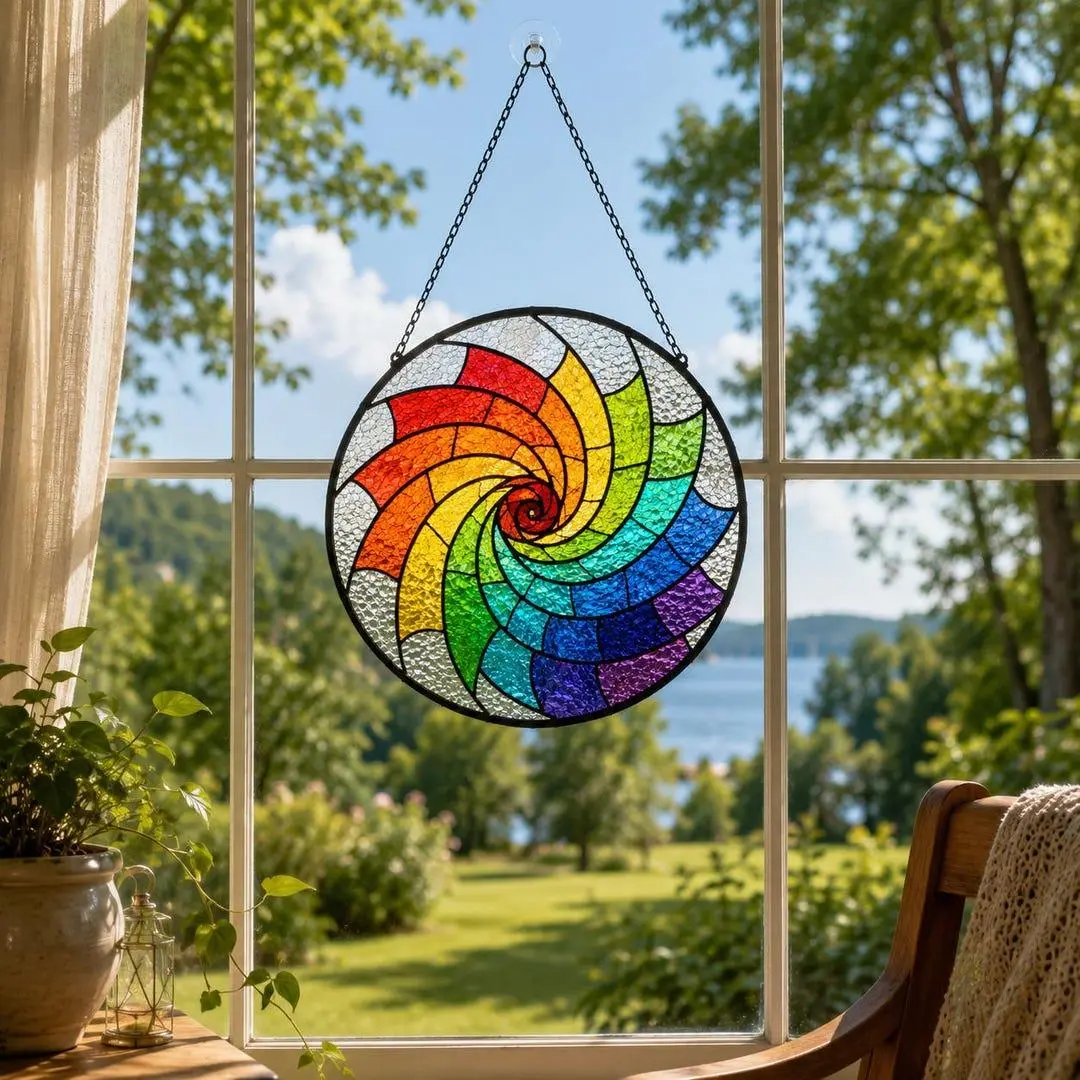 Rainbow Spiral Stained Glass Suncatcher - Color Wheel Window Hanging with Light-Prism Effect, Modern Glass Home & Garden Wall Decor