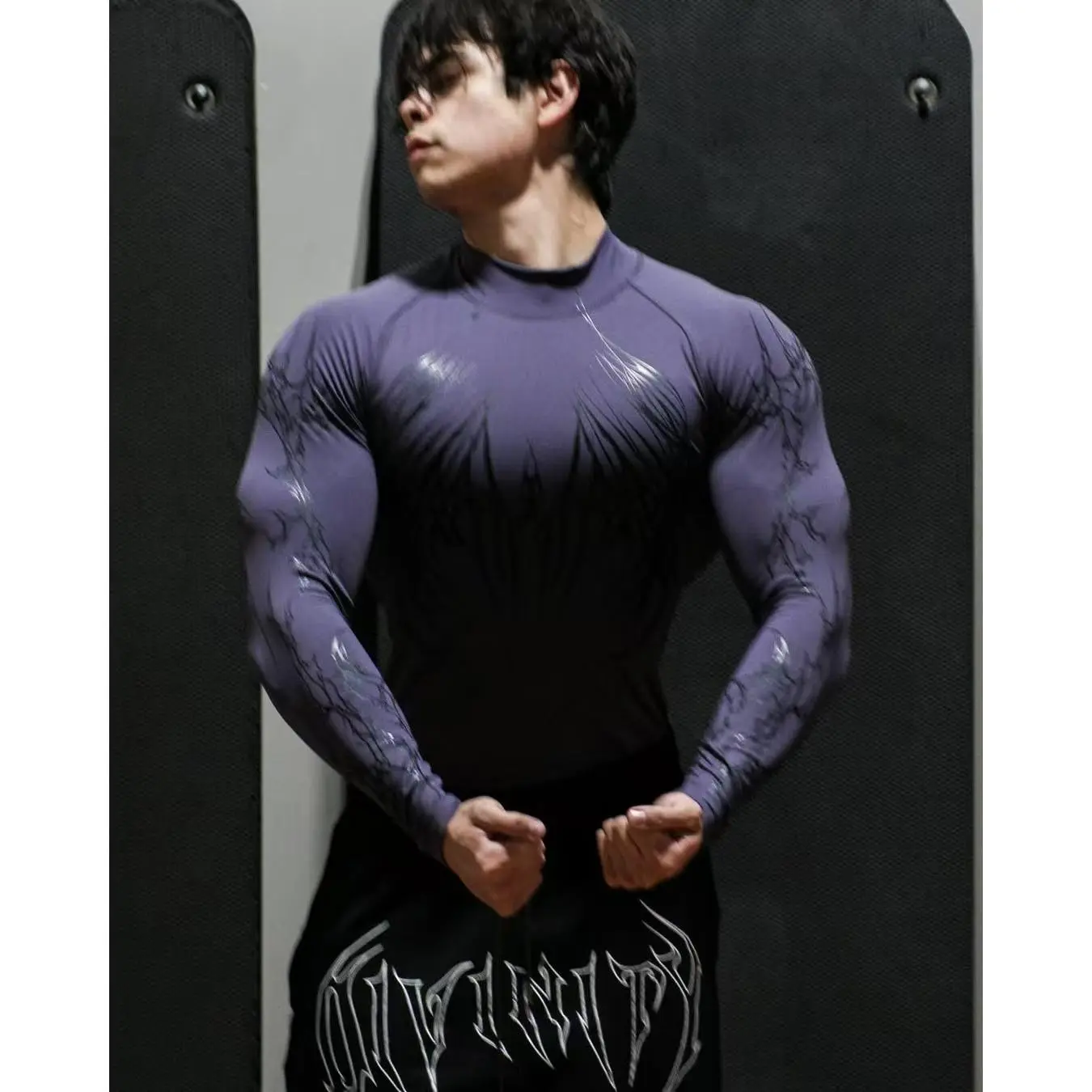 Men's Plus Size Mock Neck Drop Shoulder High-Stretch Quick-Dry Long Sleeve Athletic Compression Top - Male Activewear for Muscle Training