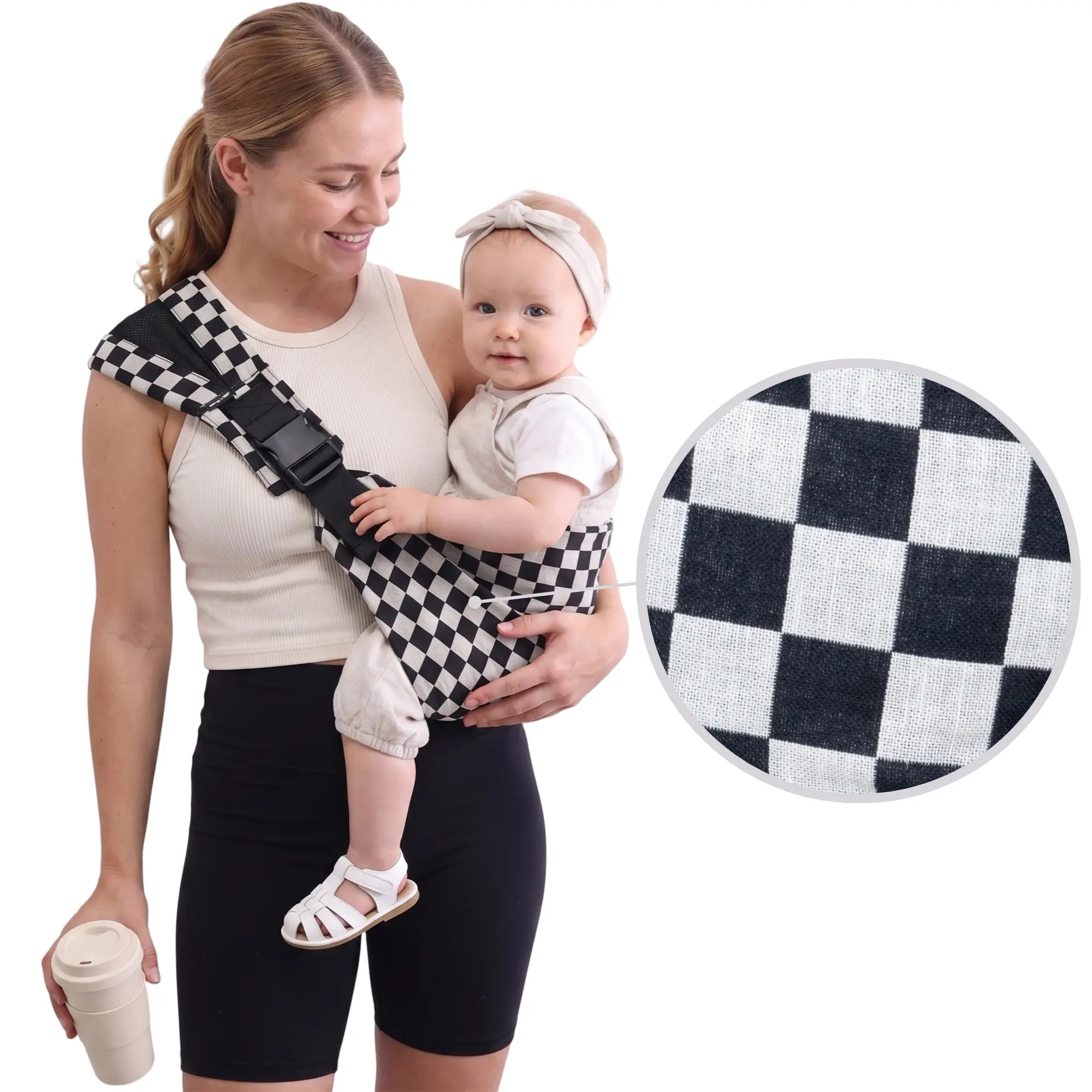 Cotton-Linen Checkered Baby Side Carrier - Hands-Free, Lightweight, Unisex Practical Infant Gift, Toddler Carrier Sling, Hands Free Carrier
