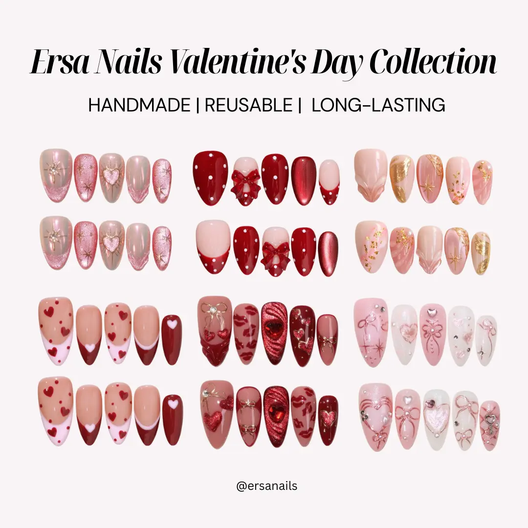 ErsaNails VALENTINE'S DAY Collection – Handmade Press-On Nails 10PCS | Acrylic, Reusable, Salon-Quality, Long-Lasting, Glossy Design