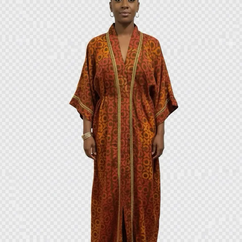 Women's Handmade Silk Kimono Robe - Lady's Ethnic Bathrobes & Dressing Gowns, Elegant Vintage-Style Traditional Indian Paisley Pattern, Maroon-Orange with Gold Trim, Free Size Clothes, 1-Piece Loungewear