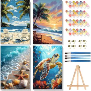 4 Pack Paint by Numbers for Adults with Framed Canvas, Wooden Easel, DIY Sea Turtle Beach Acrylic Oil Painting Kits with Brushes for Home Wall Decor (8x12 inch)