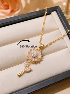 Crisp Initial Blossom 360-Degree Rotation T-Shape Zircon Classic Sunflower Stress Relief Collarbone Chain, Elegant Floral Pattern Accessory