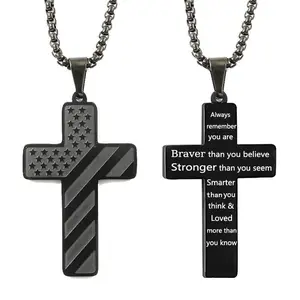American Flag Cross Necklace for Men - Stainless Steel Box Chain with Inspirational Bible Verse - Patriotic Christian Jewelry Gift
