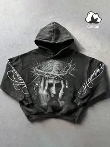 Heavyweight Cotton Streetwear Hoodie with Rhinestone Jesus Graphic | Dark Aesthetic Thorn Crown Pullover | Gothic Oversized Sweatshirt for Concerts and Street Photography Graphic Print Hoodie