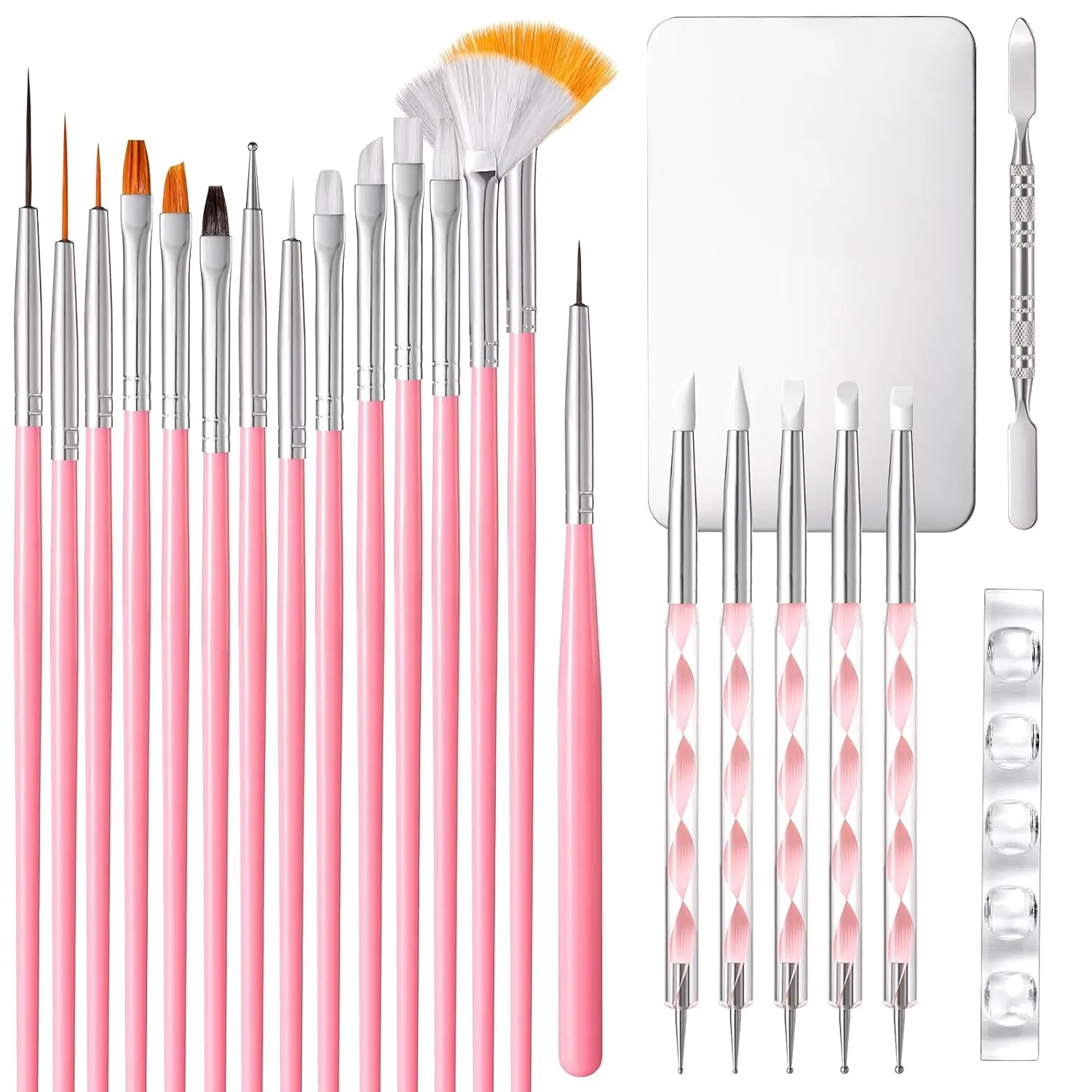 MelodySusie Nail Art Brushes Set, 15 Pcs Pink Nail Brushes, 5 Pcs Dual Tipped Sculpture and Dotting Brushes, Brush Holder, Palette, and Color Mixing Brush, Tools for Manicure Design Home and Salon