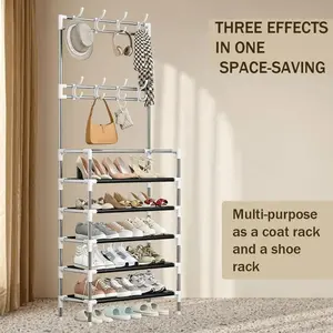 Modern Coat Rack with Shoe Storage - 5-Tier Entryway Organizer with 8 Heavy Duty Hooks for Hallway Living Room Bathroom & Office - Space Saving Freestanding Shelf