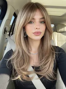 Synthetic Wig with Bangs, Long Curly Hair, 22 Inch Fiber, Suitable for Women, Daily Use, All Seasons, Synthetic Natural Looking