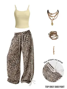 Women's Casual Two-Piece Set, U-Neck Slim Fit Tank Top + High Waist Leopard Print Straight Leg Pants, All Seasons Sportswear, Sports Activewear Set