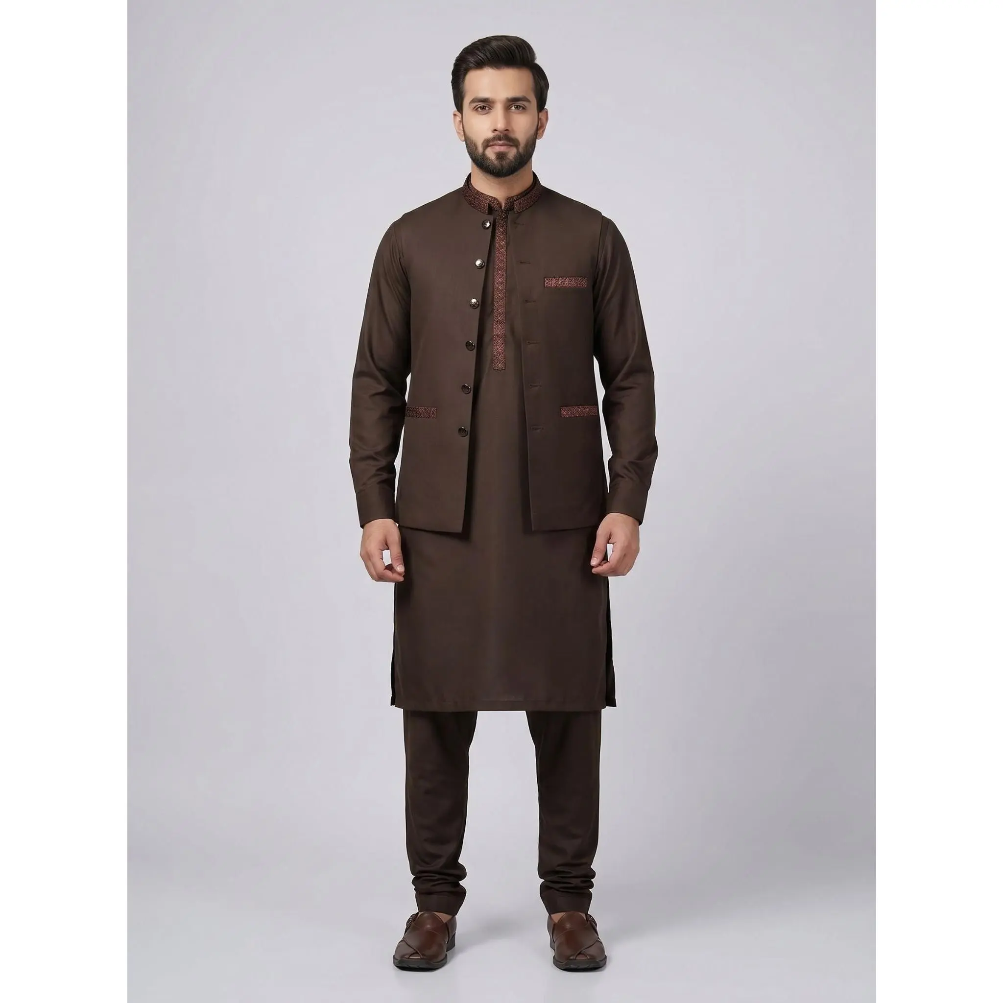 Men's 3-Piece Wash-and-Wear Qameez Shalwar Set with Matching Waistcoat, Loose-Fitting Men's Suit, Loose-Fitting Men's Suits