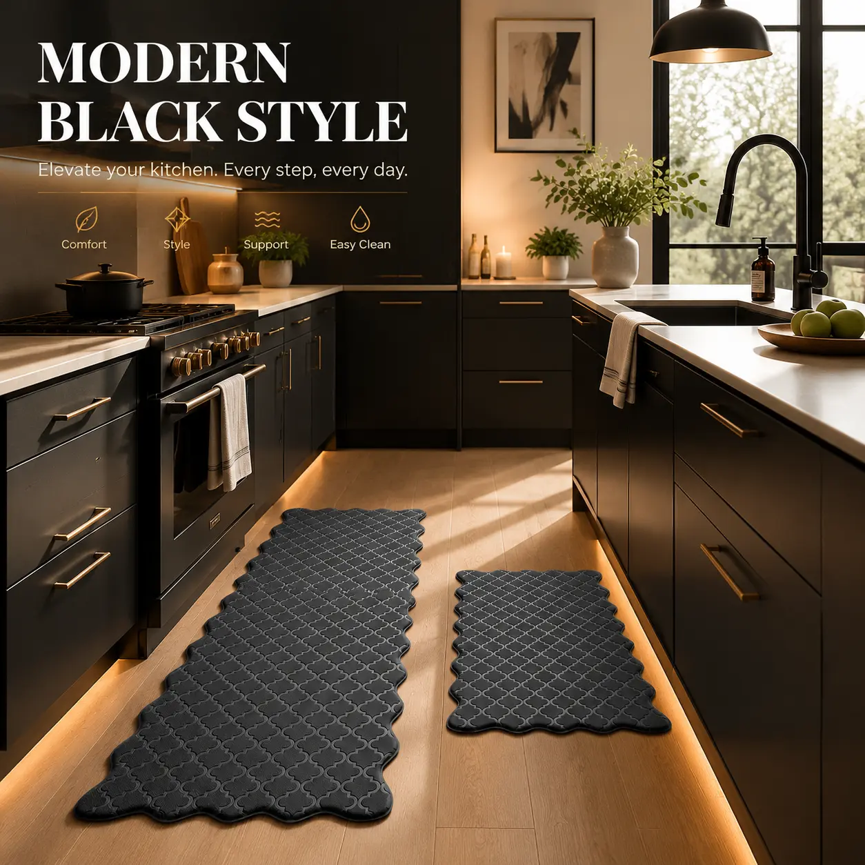 Anti Fatigue Kitchen Mat Set 2PCS Black – Thick Cushioned Standing Comfort Floor Mats for Kitchen Sink & Stove – Non Slip Waterproof PVC Kitchen Rugs
