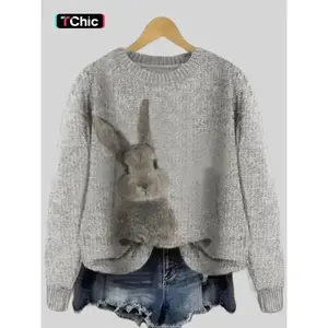 Women's Rabbit Print Drop Shoulder Crew Neck Sweater, Casual Chic Long Sleeve Round Neck Jumper for Fall & Winter, Fashion Ladies' Knitwear for Daily Wear, Women's Clothing, Sweaters for Women, Cute Tops, Knit Pullover Tops