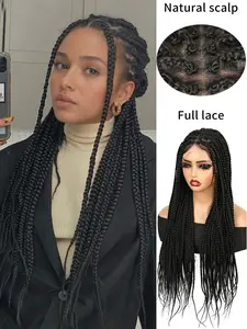 28-Inch Black Knotless Braided Lace Wig — Box Braid Wig with Baby Hairs, Featuring HD Invisible Lace and Premium Synthetic Fibers. Ideal for Women's Daily Wear, as well as for Holidays, Parties, Cosplay, and Other Occasions.