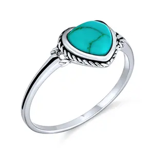 Romantic Natural Blue Turquoise Bezel Set Promise Heart Ring .925 Sterling Silver Engagement Rings