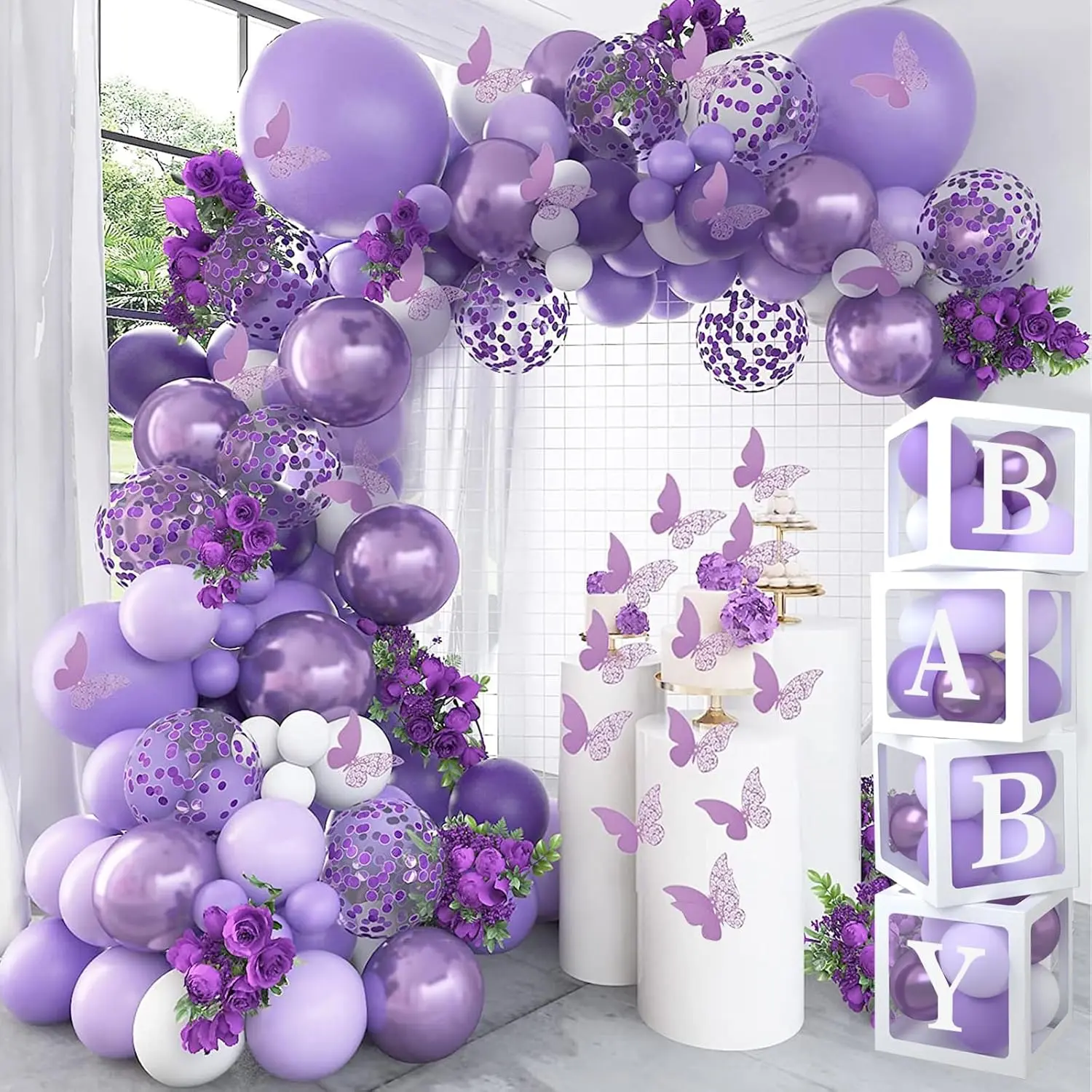 124PCS Purple Butterflies Baby Shower Decorations Kit - Purple Balloon Garland Arch, Balloon Letter Kit, Wooden Square Butterfly Boxes, Lavender Gender Reveal Supplies
