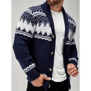 Men's Casual Geometric Pattern Cardigan - Polyester, Machine Washable, Stretch Fabric, Lapel Collar -