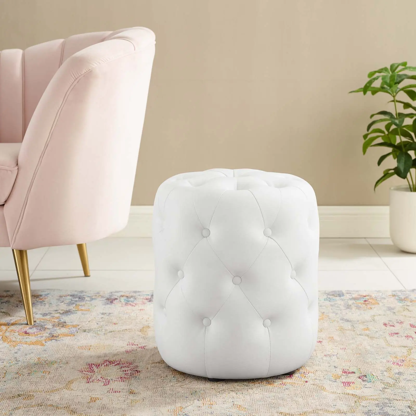 Modway Amour Round Faux Leather Tufted Button Ottoman - Foam-Core Indoor Furniture Stool (White), Modern Furniture
