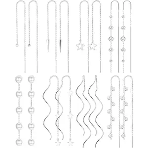 8 Pairs Threader Dangle Earrings for Women 316L Stainless Steel Chain Tassel Earring Lightweight Double Twist Wave Threader Drop Earring Long Chain Earrings Set