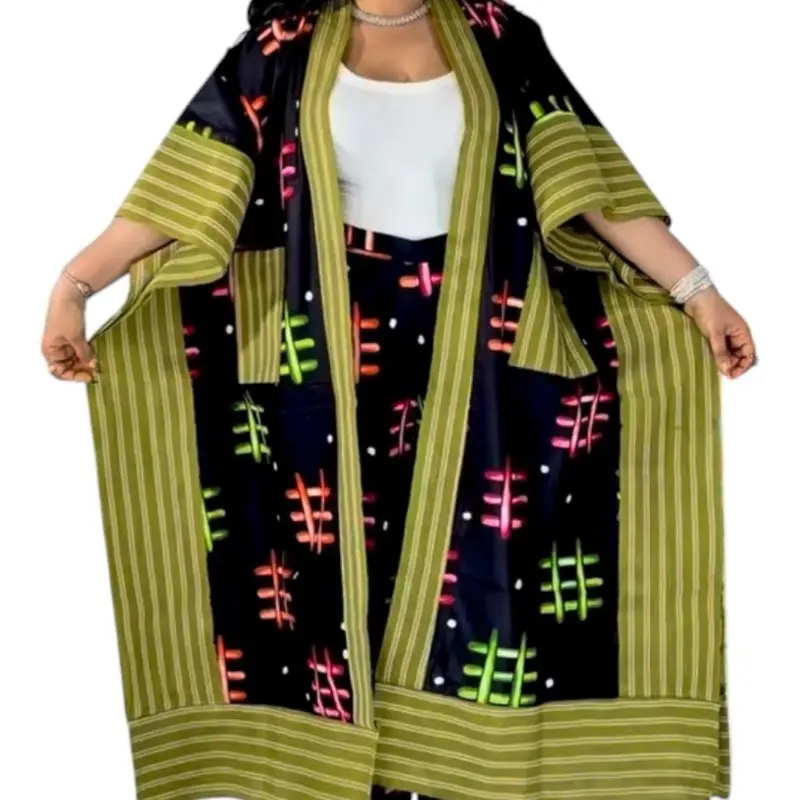 African Ankara Mixed with Aso-oke Kimono Gown with pant Casual Womenswear Summer