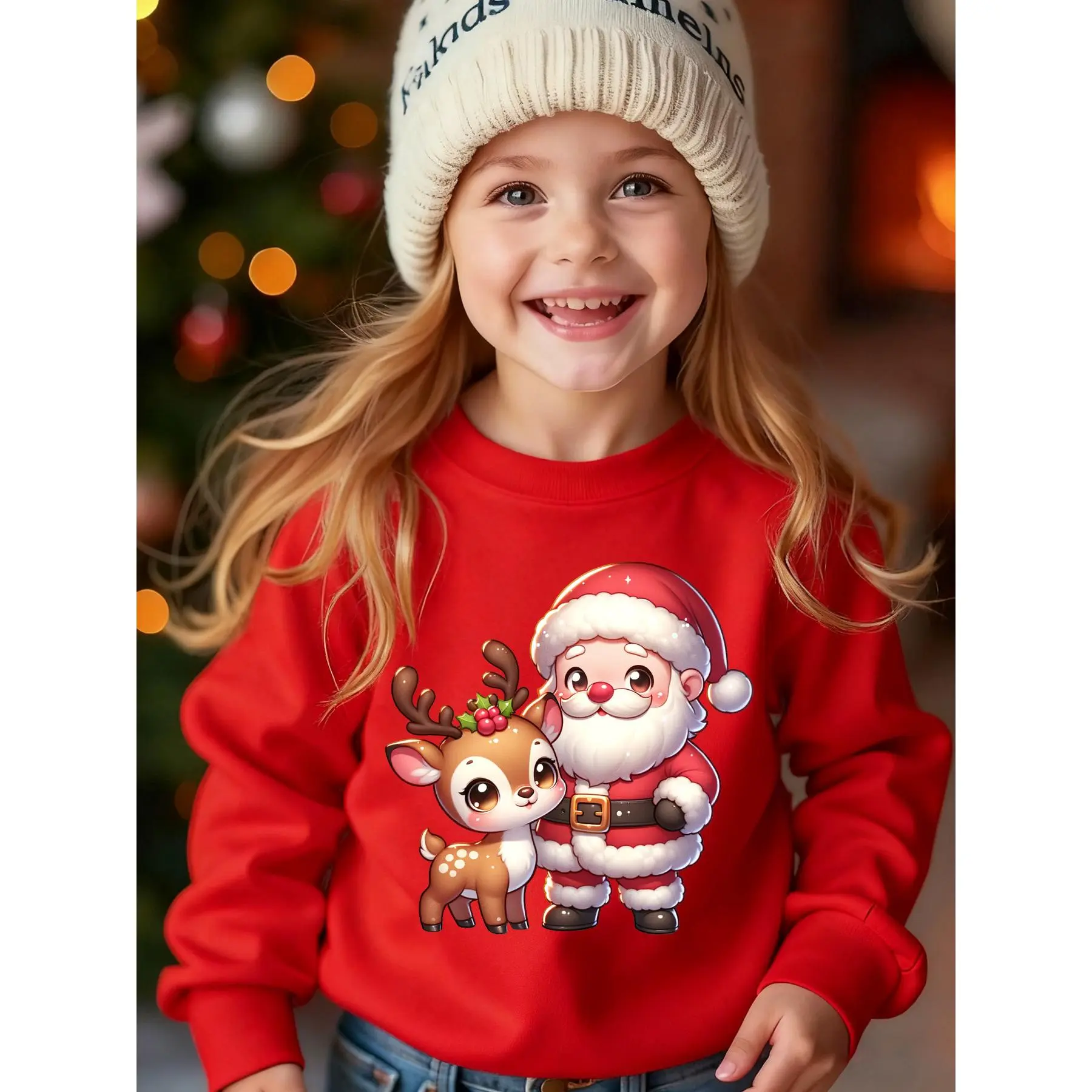 Girls' Pink Christmas Sweater with Santa & Rudolph Print - Cozy Winter Pullover, Soft Round Neck Long Sleeve Casual Sweatsuit for Holiday Parties, & Family Gatherings ( &) - Cute Cartoon Deer & Elf Design, Cotton, Graphic