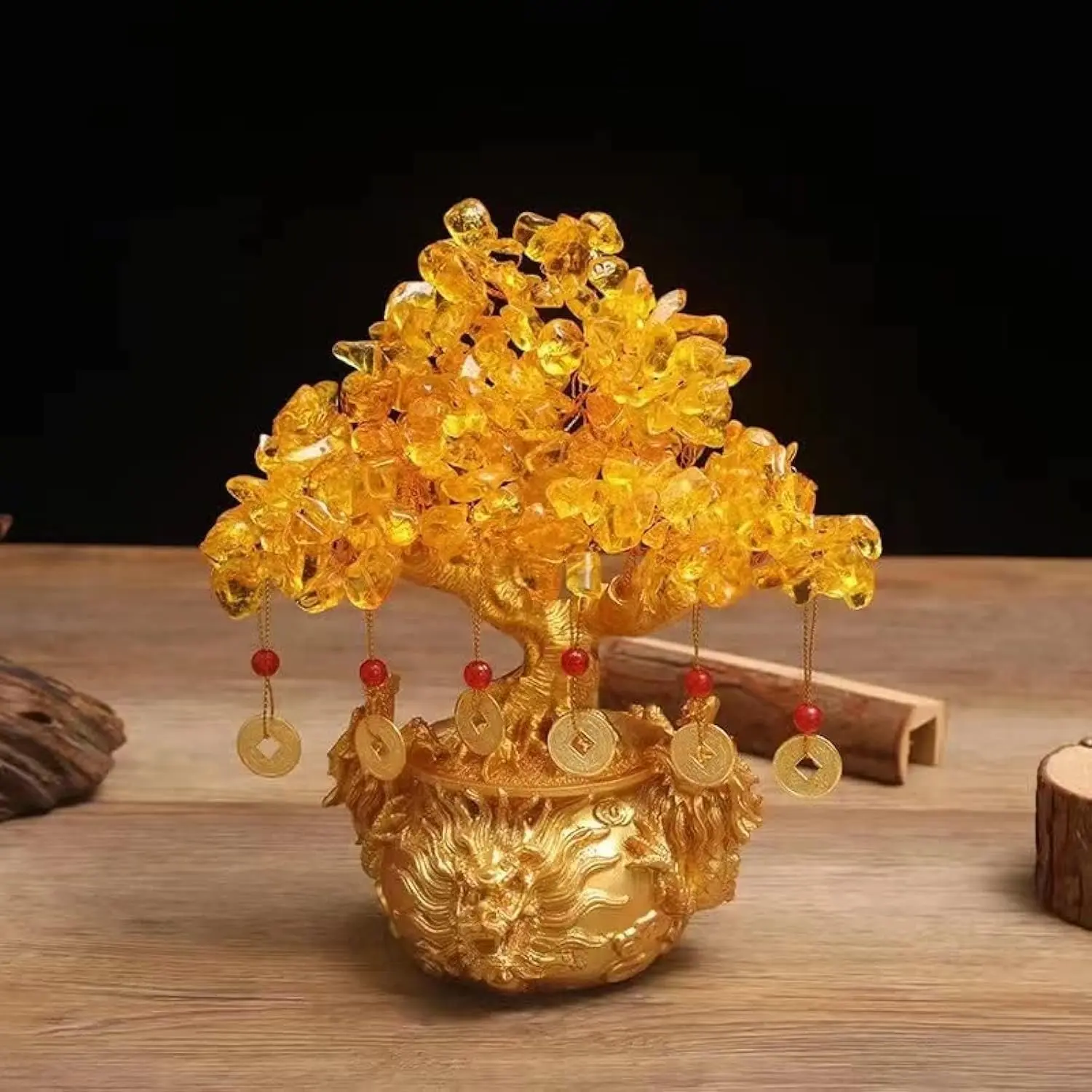 Citrine Crystal Bonsai Money Tree with Gold-Toned Dragon Pot - Chinese-Style Fengshui Ornament, Crystal Specimen, Resin Art, Gemstone Decor, Table Ornament, Gold Luxe Accent, Adult Home Office Decor, Prosperity Luck Piece, Ideal Birthday Gift, Home Office