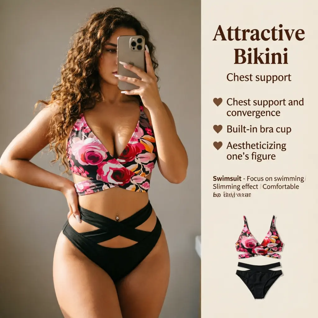 Women Floral Cross Wrap Push Up Bikini Set, Padded Built-in Bra Chest Support Two Piece Swimsuit, Criss Cross Cutout High Waist Tummy Control Bathing Suit, Figure Flattering Slimming Swimwear for Beach Pool Tropical Vacation