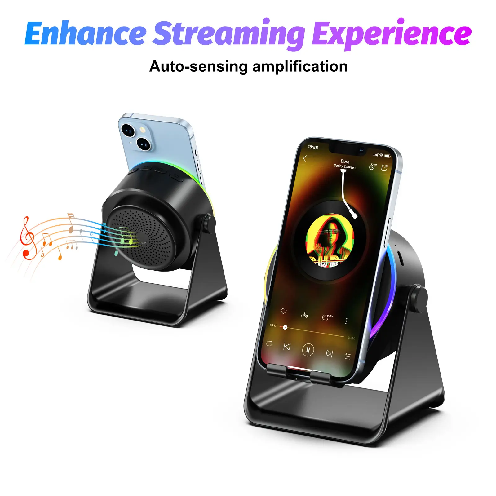5 IN 1 Wireless Induction Bluetooth Audio Holder,Colorful Ambient Light 360° Rotation Phone amplify Speaker Stand,Universal Speaker Stands for Surround Sound,Portable Desktop Stand Gift  for Home, Shower, Outdoors, Travel