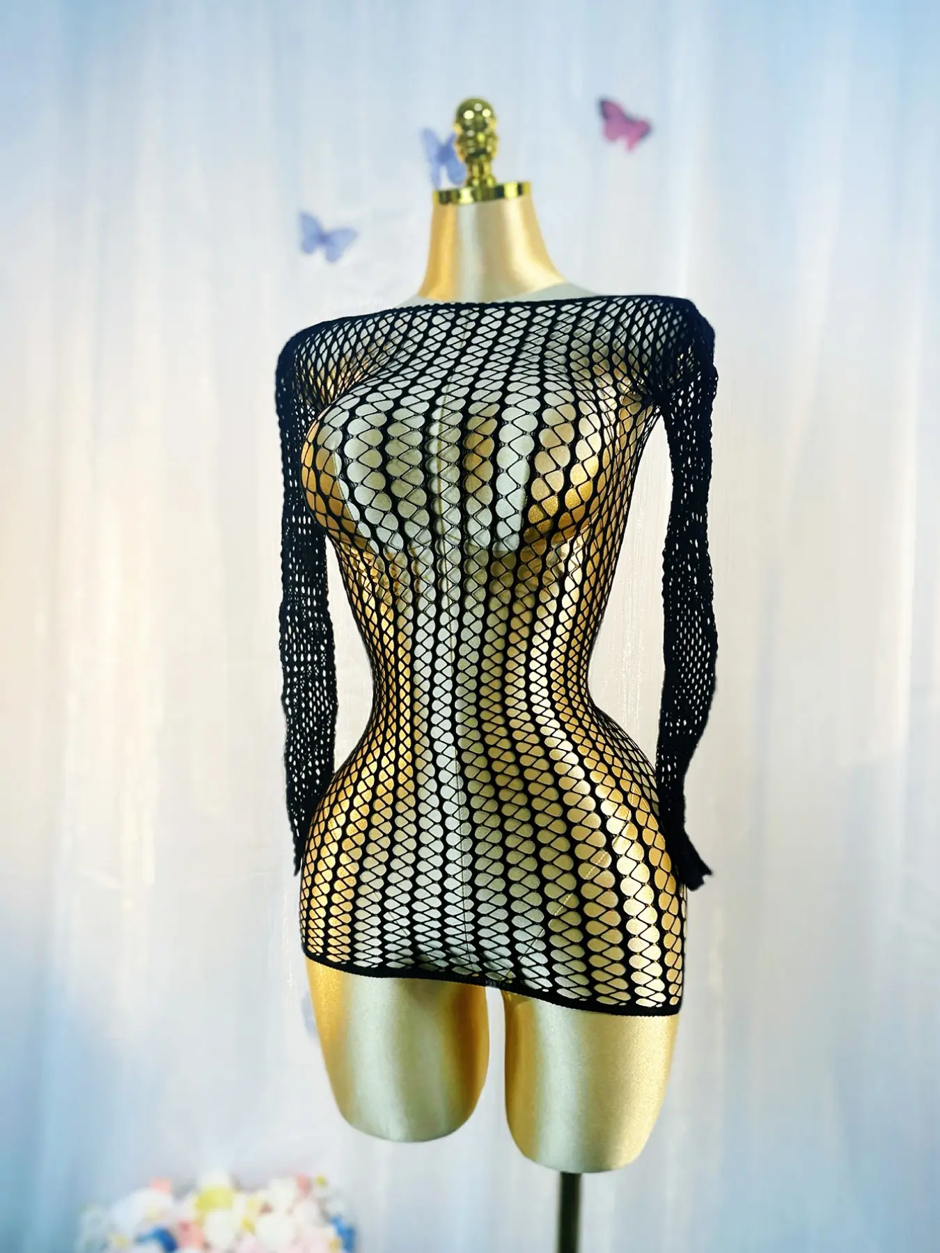 Women's Sexy Cut Out Sheer Fishnet Dress without Bikini, Solid Long Sleeve Bodycon Dress, Ladies Summer Beach Holiday Vacation Swimwear, Mesh Cover Up Sheer Cover Ups