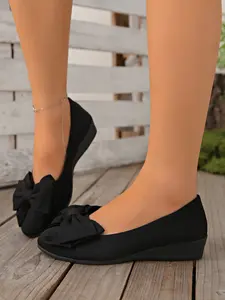 Elegant Vintage High Heels for Women, Black Wedge Design Round Toe Butterfly Knot Decorative Shoes, Casual Fashion Footwear