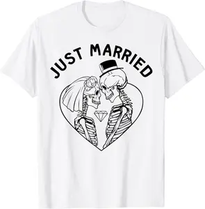 Just Married Bride Groom Skeleton Couple Halloween Wedding T-Shirt - Nafeesaami Shop 91B0CJVNSJRG
