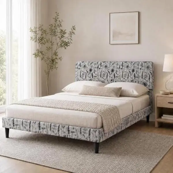 GAOMON Upholstered Bed Frame, Platform Bed Frame with Adjustable Headboard | Botanical Print Fabric,Wood Slat Support, No Box Spring Required, Easy Assembly