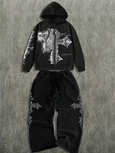 Cross Graphic Vintage Tracksuit Set, Sweatsuit Matching Set, Trendy Streetwear with Edgy Vibe, TikTok - Popular Fashion Item