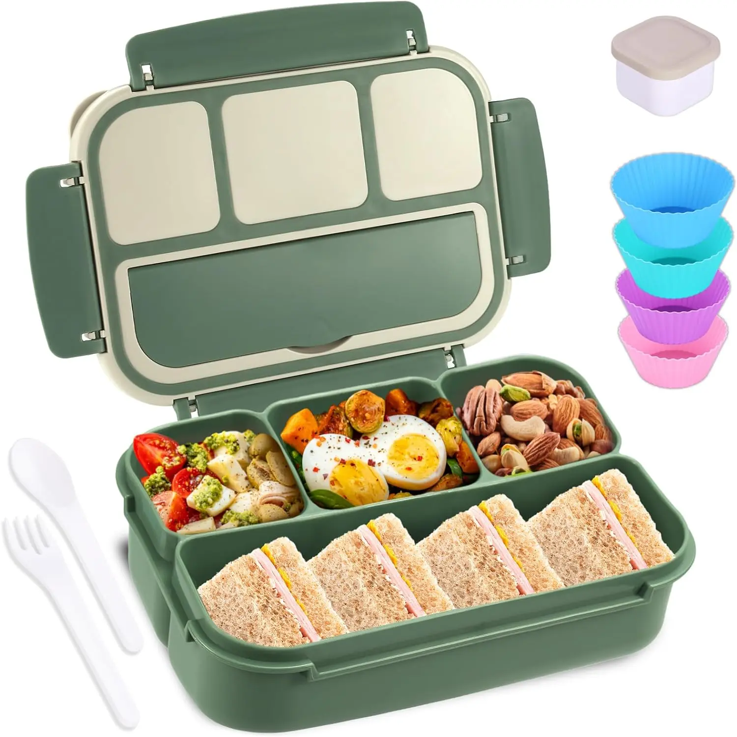 Sturdy Silicone Bento Box Set for Adults, 4-Compartment 40 Oz/5 Cup Lunch Container with Lid, Tableware, Sauce Jar, Muffin Liners, Microwave & Dishwasher Safe