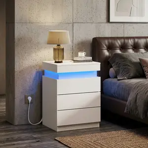 Modern LED Nightstand With Charging Station 3 Drawers Hidden Storage Sliding Top Bedside Table Space Saving Accent Furniture for Bedroom Living Room Home Decor