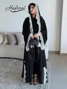 Hafizah Women's Abaya with Headscarf, Sweet Lace Trim Polka Dot Print, Loose-Fitting Long Robe, All Seasons Fashion