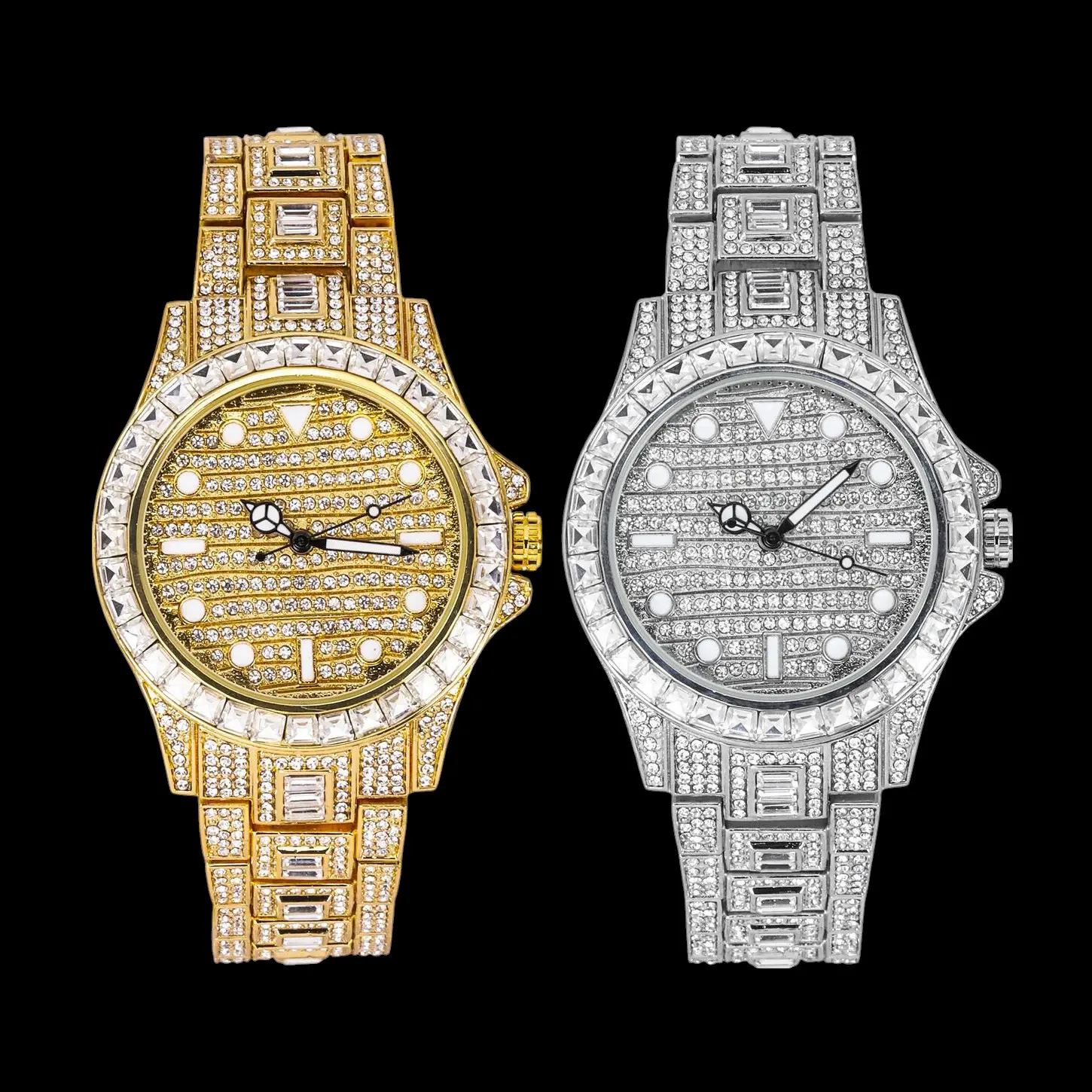 MaxBling81 Men's Iced Rhinestone Analog Watch Featuring Quartz Accuracy, Stainless Steel Components, and a Fold Over Clasp, Hip Hop Luxe, 42Mm, Baguette Stones, Round Dial, Bling-Bling Rhinestone Quartz Watches, Gift Box Included, Metal, Stainless Steel J
