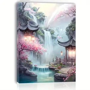 2D Flat, 2D Flat, 1pc Canvas Art with a Wooden Frame Featuring a Waterfall And Cherry Blossoms, Suitable for Decorating Living Rooms, Bedrooms, Kitchens, And Offices. A Perfect Gift for Festivals for Both Him And Her	