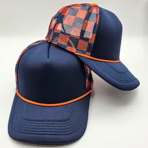 Navy & Orange Checkered Foam Trucker Hat
