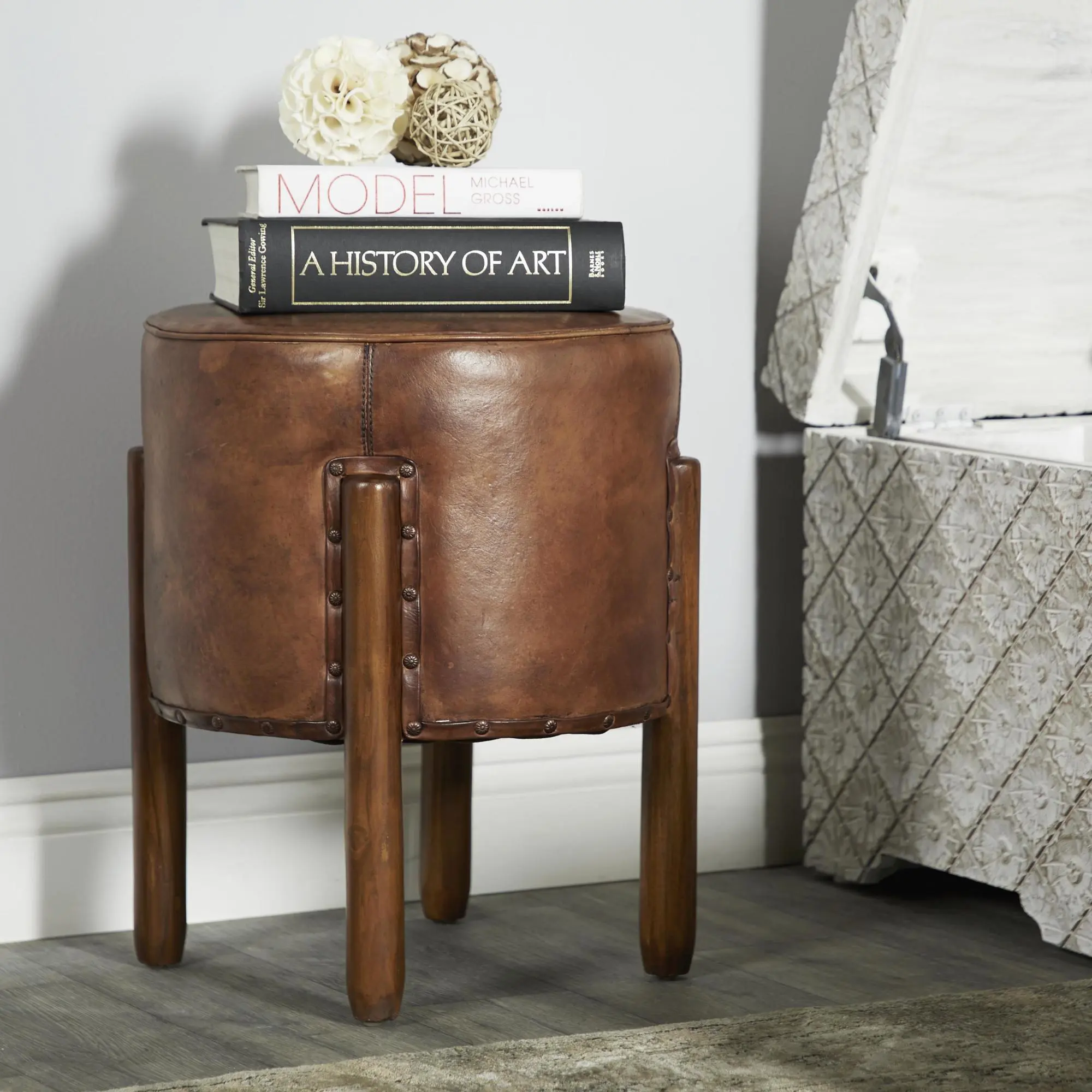 Brown Teak Wood Handmade Upholstered Leather Living Room Stool with Wood Legs