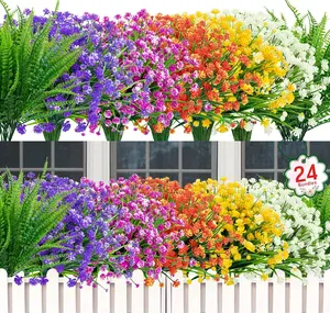 Decor 24 Bundles Artificial Flowers for Outdoors UV Resistant Fake Plastic Plants Faux Boston Fern Greenery Stems for Spring Summer Indoor Garden Patio Window Box Kitchen Home Decor, Mixedcolor