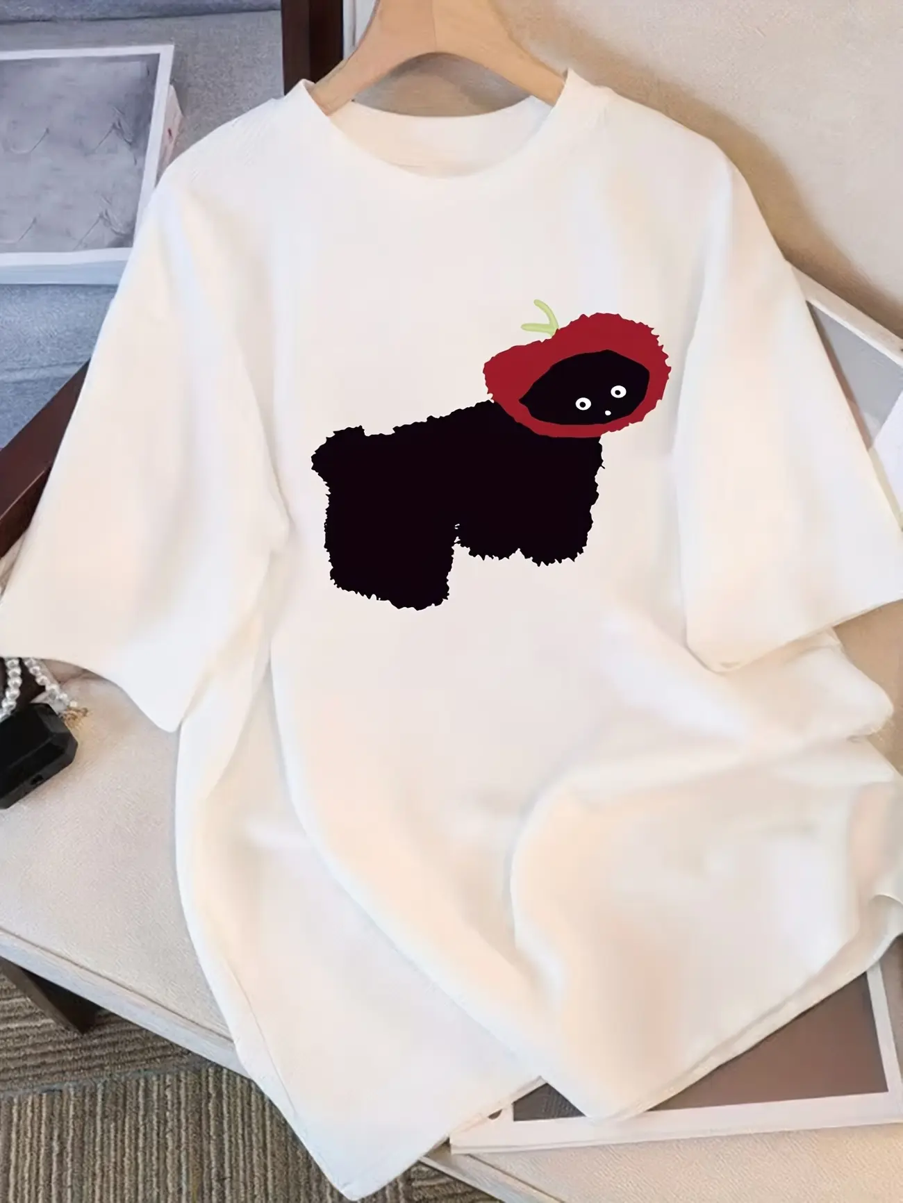Women's Oversized T‑Shirt with Cartoon Dog & Strawberry Print, Casual Short Sleeve Round Neck Summer Top