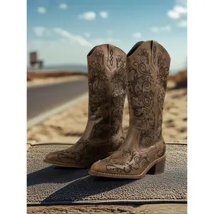 Women’s Western ankle boots, easy slip-on mid-calf booties, non-slip rubber sole, casual all-season denim boots for office and party